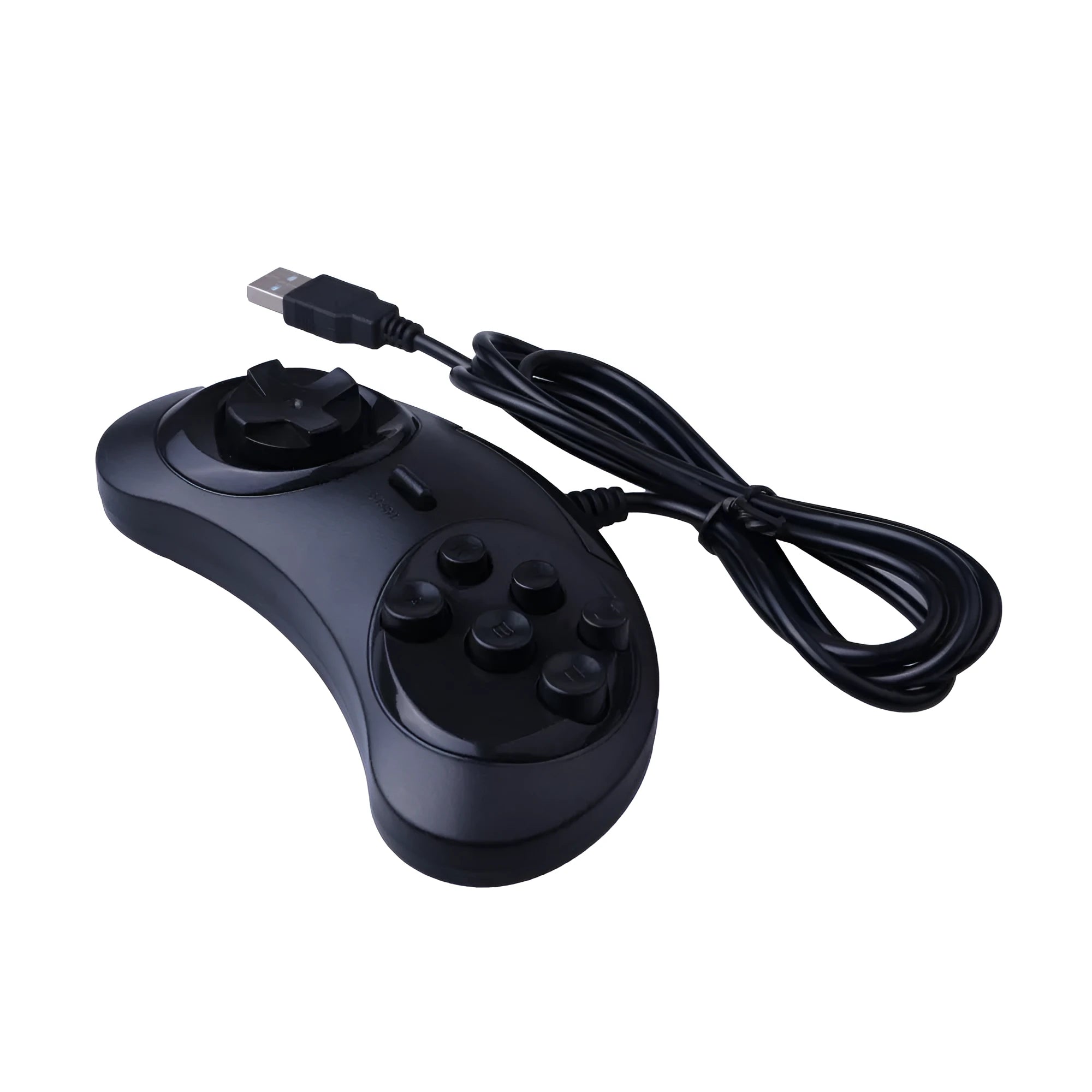 Black Sega USB PC gaming controller with long cable on a desk.