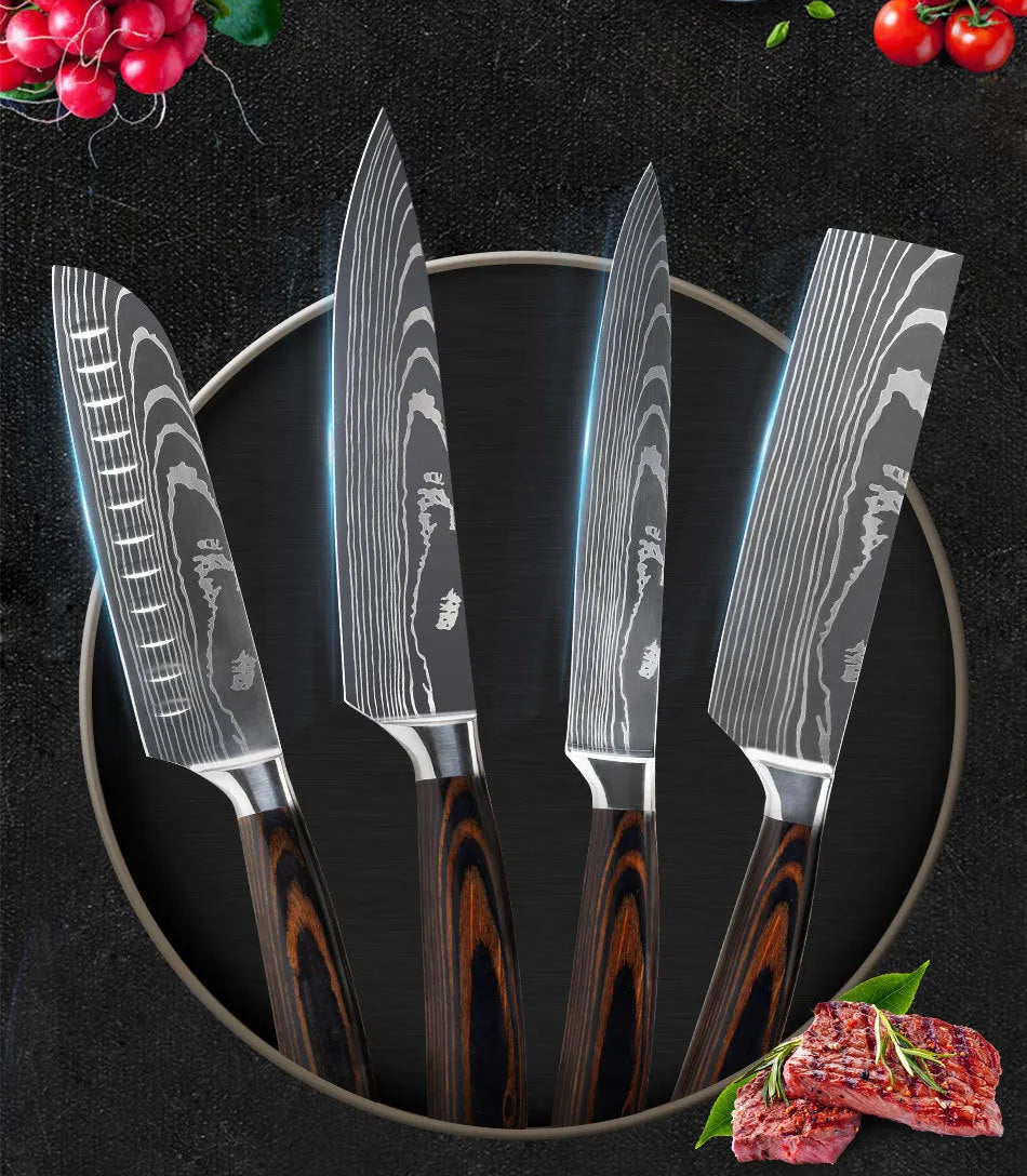 Chef knife with laser Damascus pattern on 18cm 7CR17 steel blade and colour steel handle.