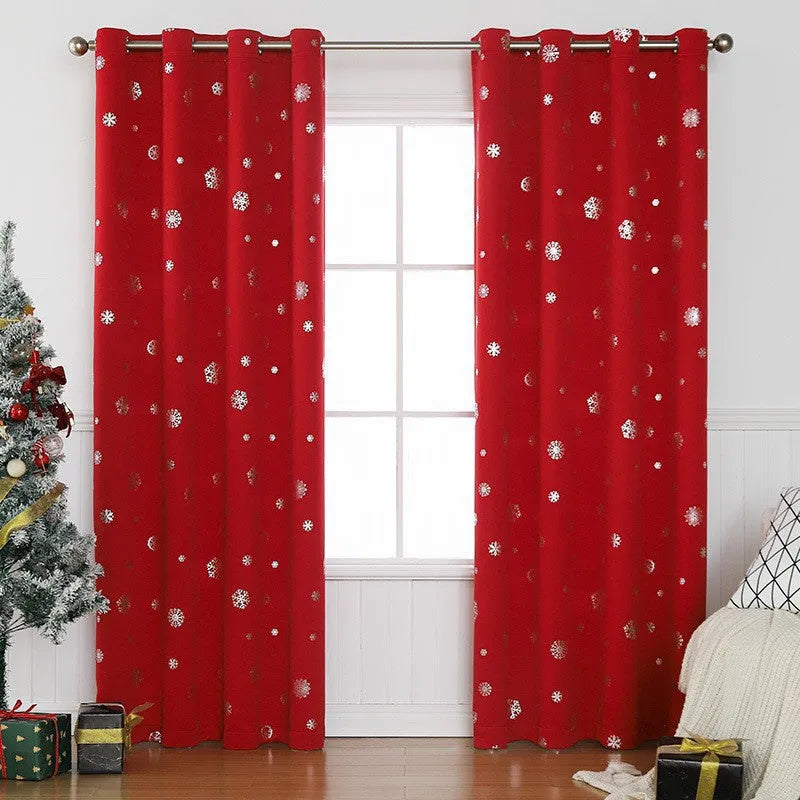 Red and green hole-free snowflake polyester shade cloth curtains in various sizes with lace loop and iron hoop detailing