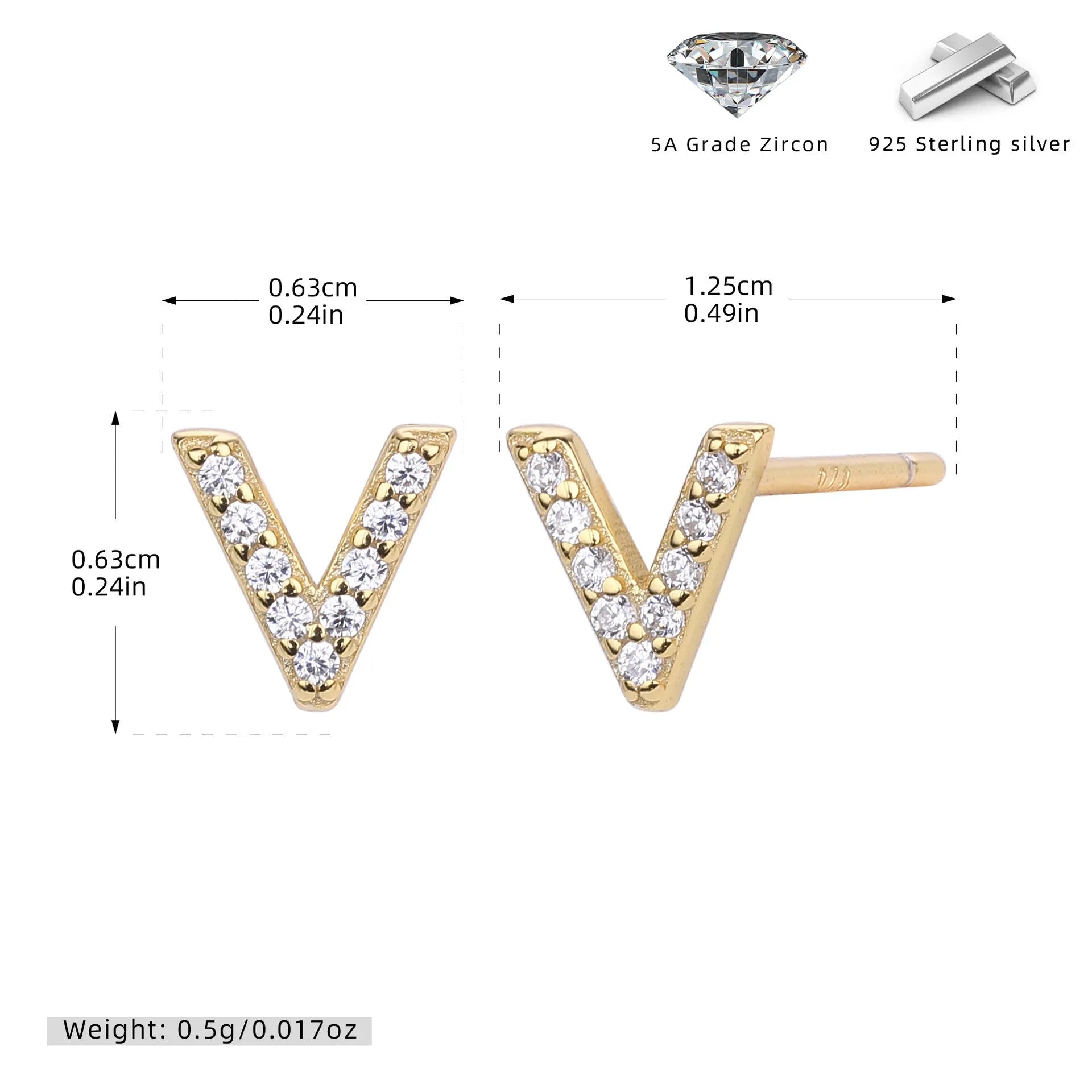 925 silver letter ear stud with electroplated gold finish, alphabet motif