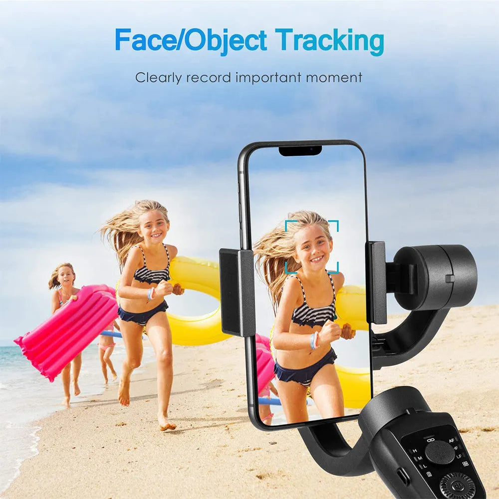Black three-axis handheld gimbal stabilizer for mobile phones showing PTZ unit and handle