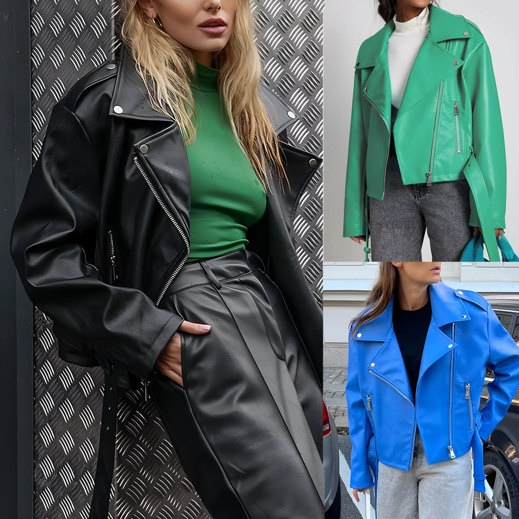 Leather punk jacket with drawstring waist and Peter Pan collar in black, blue or green colours