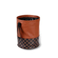 Brown leather car trash can with a handle, shown in folded and unfolded states