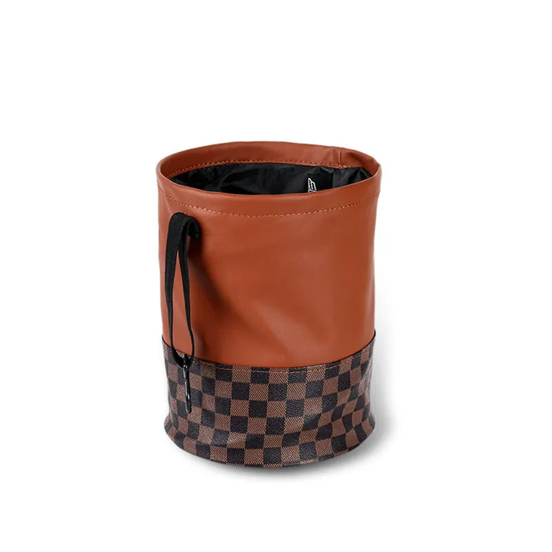 Brown leather car trash can with a handle, shown in folded and unfolded states