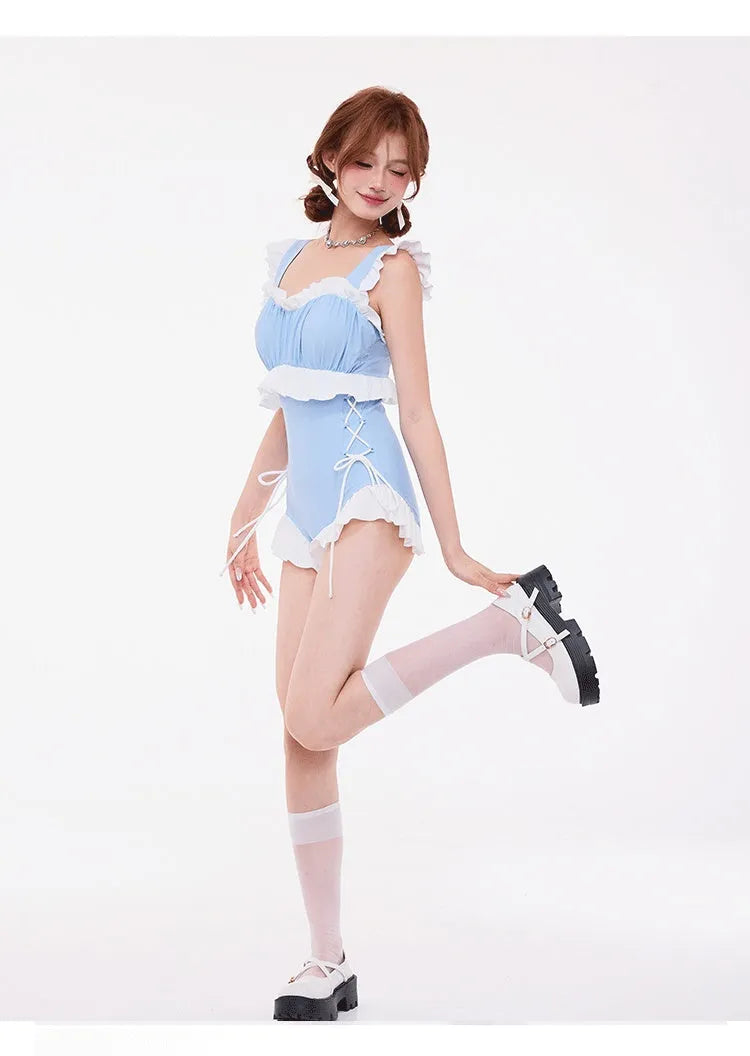 Light blue high-waisted one-piece swimsuit with small chest gather and backless design.