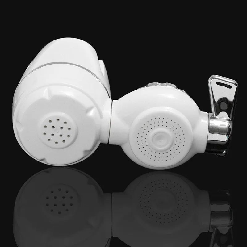 White kitchen tap water filter with ceramic cartridge showing switchable flow control and universal adapter fittings