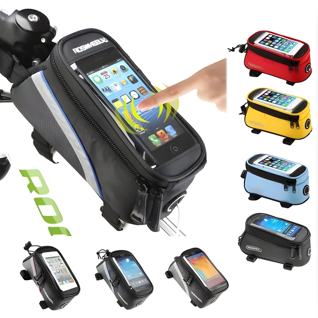 ROSWHEEL PVC bicycle frame bag for mobile phones in multiple colours mounted on a bike.