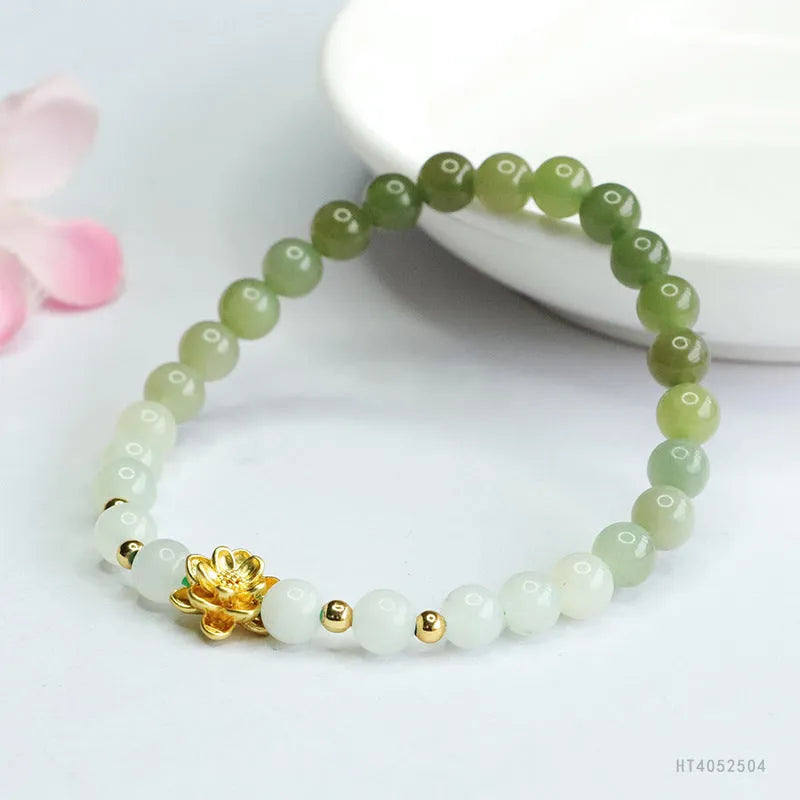 Hand-woven ancient style bracelet with Hetian jade water gradient colour and flower shape.
