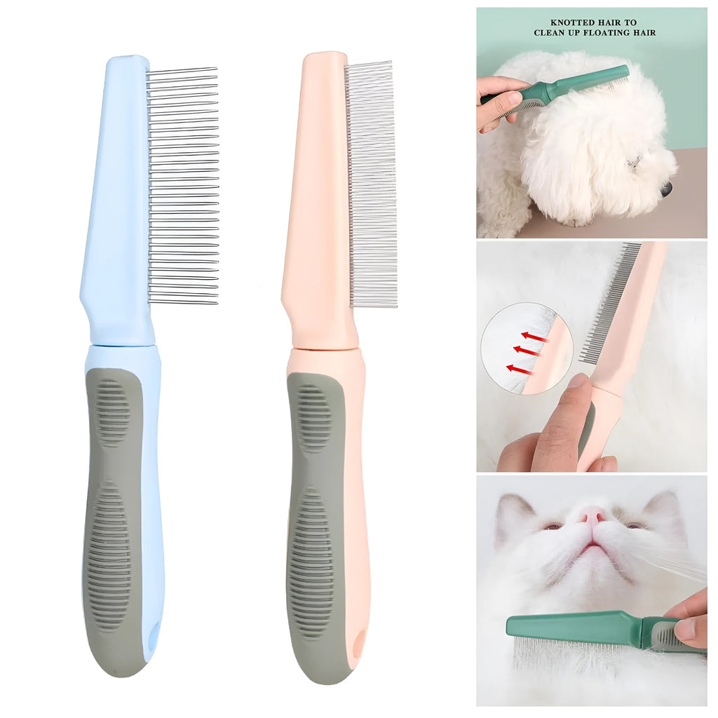 Blue pet grooming comb with three interchangeable heads: dense needle, high-low needle, and sparse needle configurations