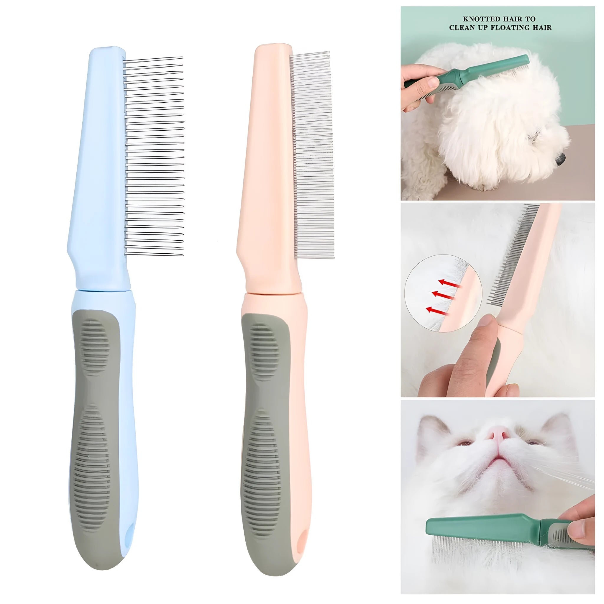 Blue pet grooming comb with three interchangeable heads: dense needle, high-low needle, and sparse needle configurations