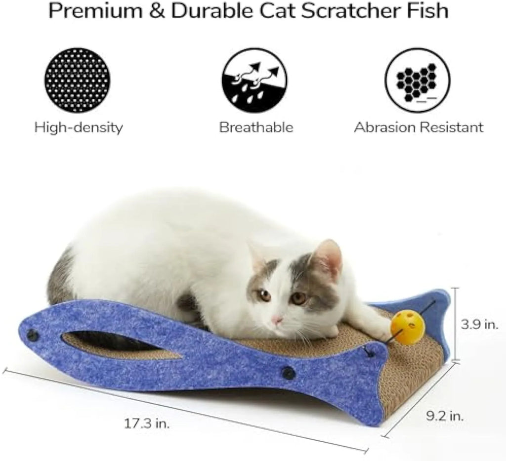 Blue fish-shaped cat scratcher lounge with corrugated cardboard surface and a hanging bell ball toy.