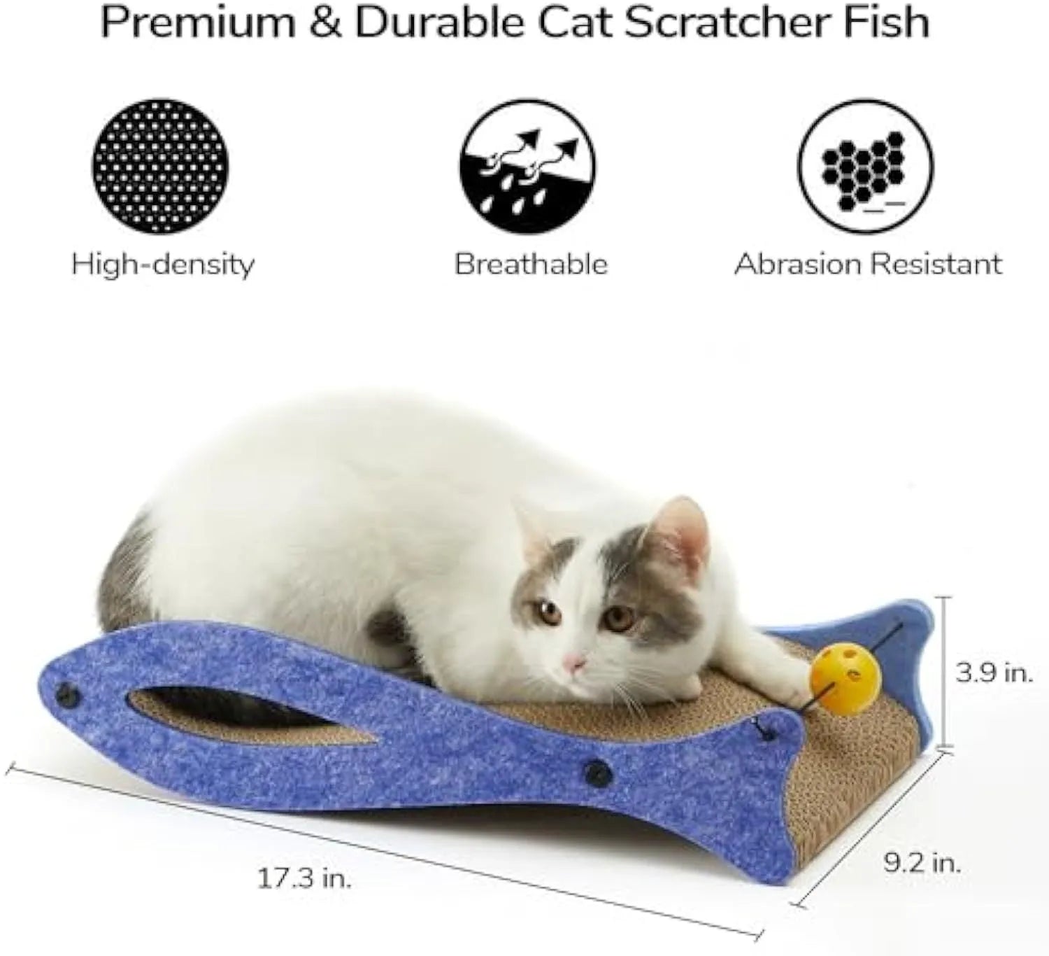 Blue fish-shaped cat scratcher lounge with corrugated cardboard surface and a hanging bell ball toy.
