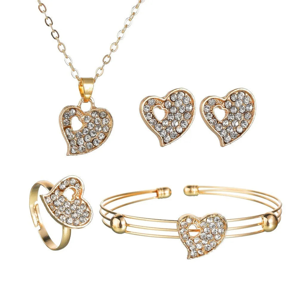 Gold electroplated love jewellery set with adjustable pendant, earrings, and hand decorations for women