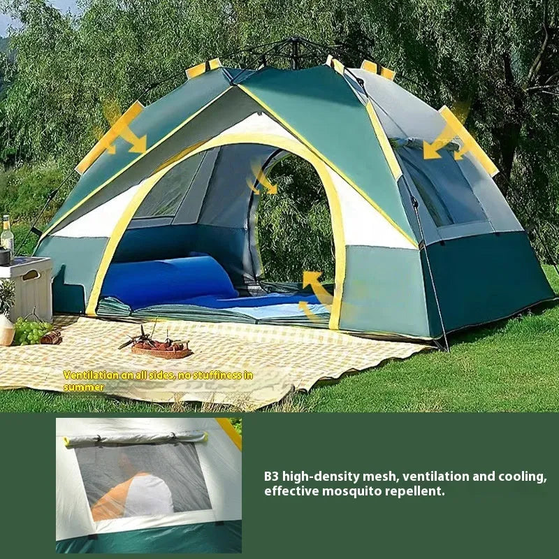 Dark green silver glue automatic quick-open camping tent for 3-4 people, set up outdoors.