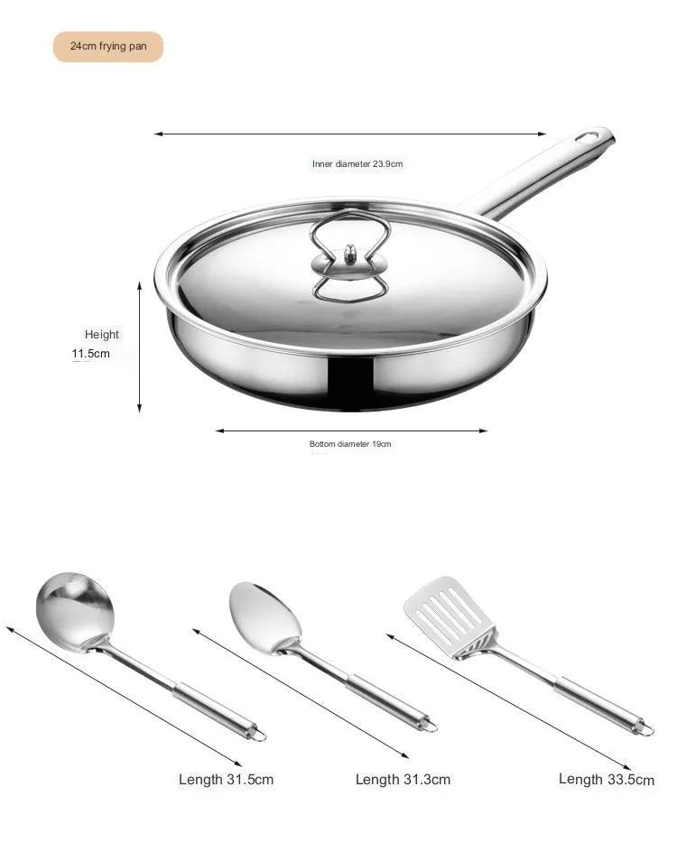 Stainless steel cookware set 15-piece with non-stick pan and glass lids on a countertop