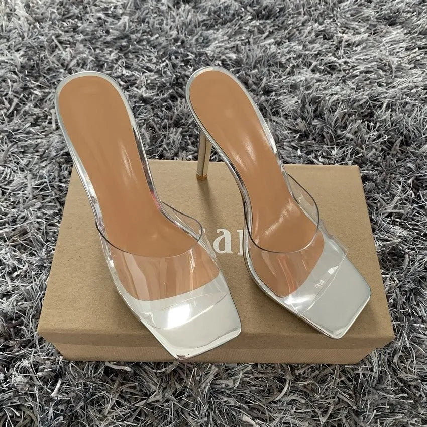Women's black and silver fashion high heels with PVC soles in sizes 34 to 43