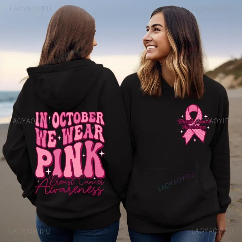 Breast Cancer Awareness hoodie with retro hot stamp design and side seam pocket in selected colour.