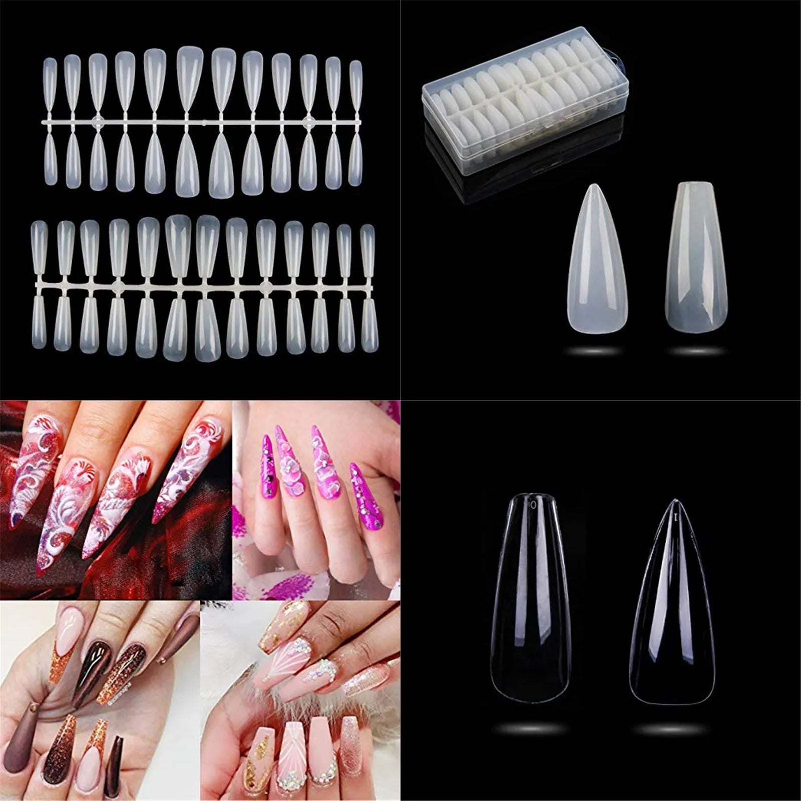 Non-marking false nails in transparent ABS plastic with thickened tips and ultra-thin top, two style options