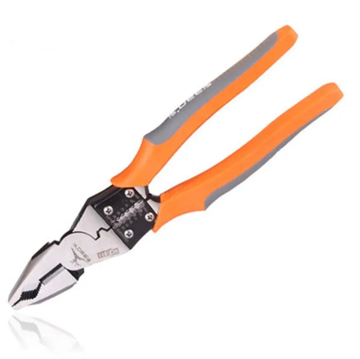 Orange-handled 9-inch multi-function wire cutter pliers with chrome steel jaws on a workbench.