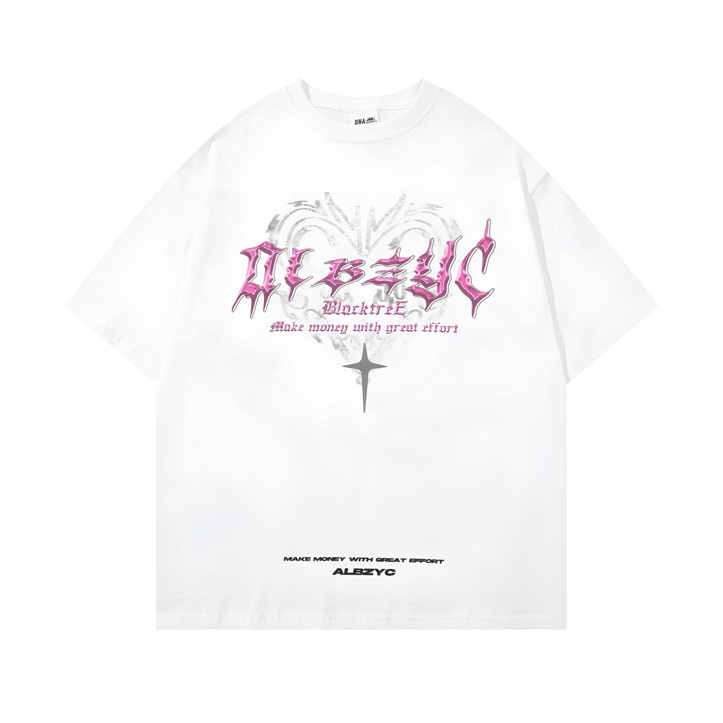 Men's black retro print cotton t-shirt with short sleeves and round neck.