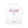 Men's black retro print cotton t-shirt with short sleeves and round neck.