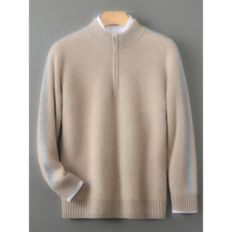 Half zip round neck slim fit wool sweater in grey on a hanger