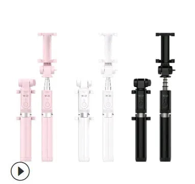 Black Bluetooth selfie stick with tripod bracket extended showing phone clamp and remote control