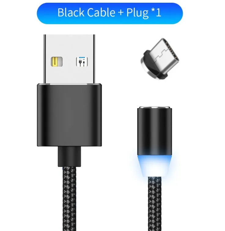 Black braided magnetic USB charging cable with LED light and aluminium connector.