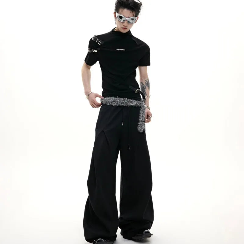 Men's slim fit black cotton T-shirt with a metal belt design on the stand-up collar.