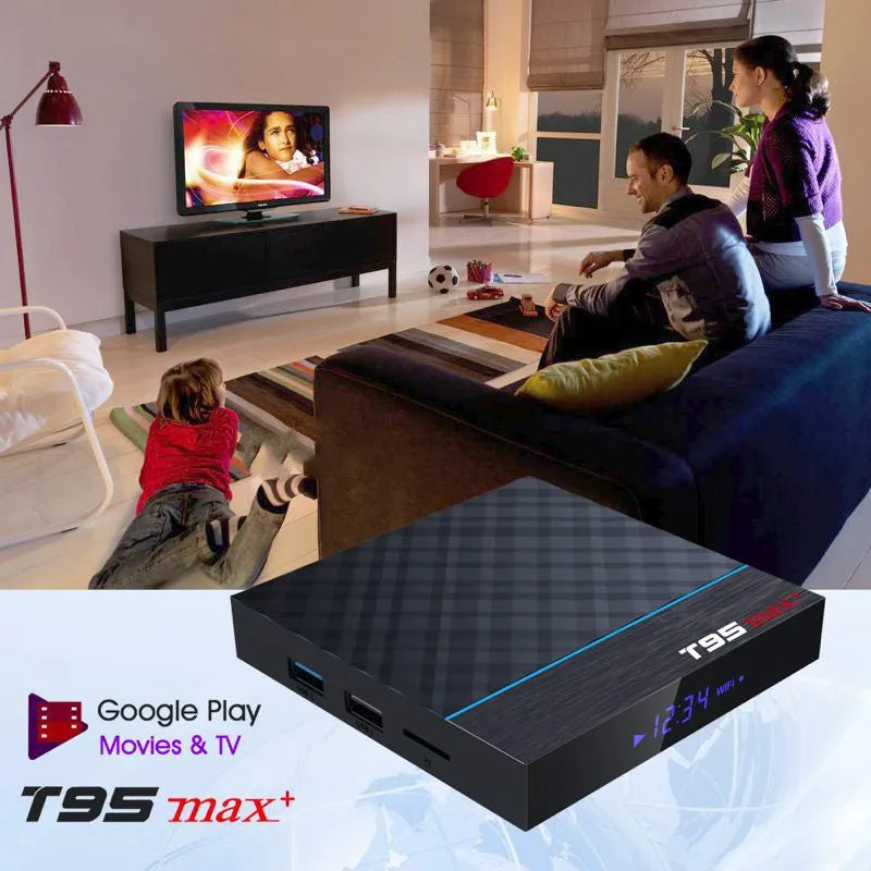 Black T95 Max Plus Android TV box unit with remote control and UK power plug adapter on a table.