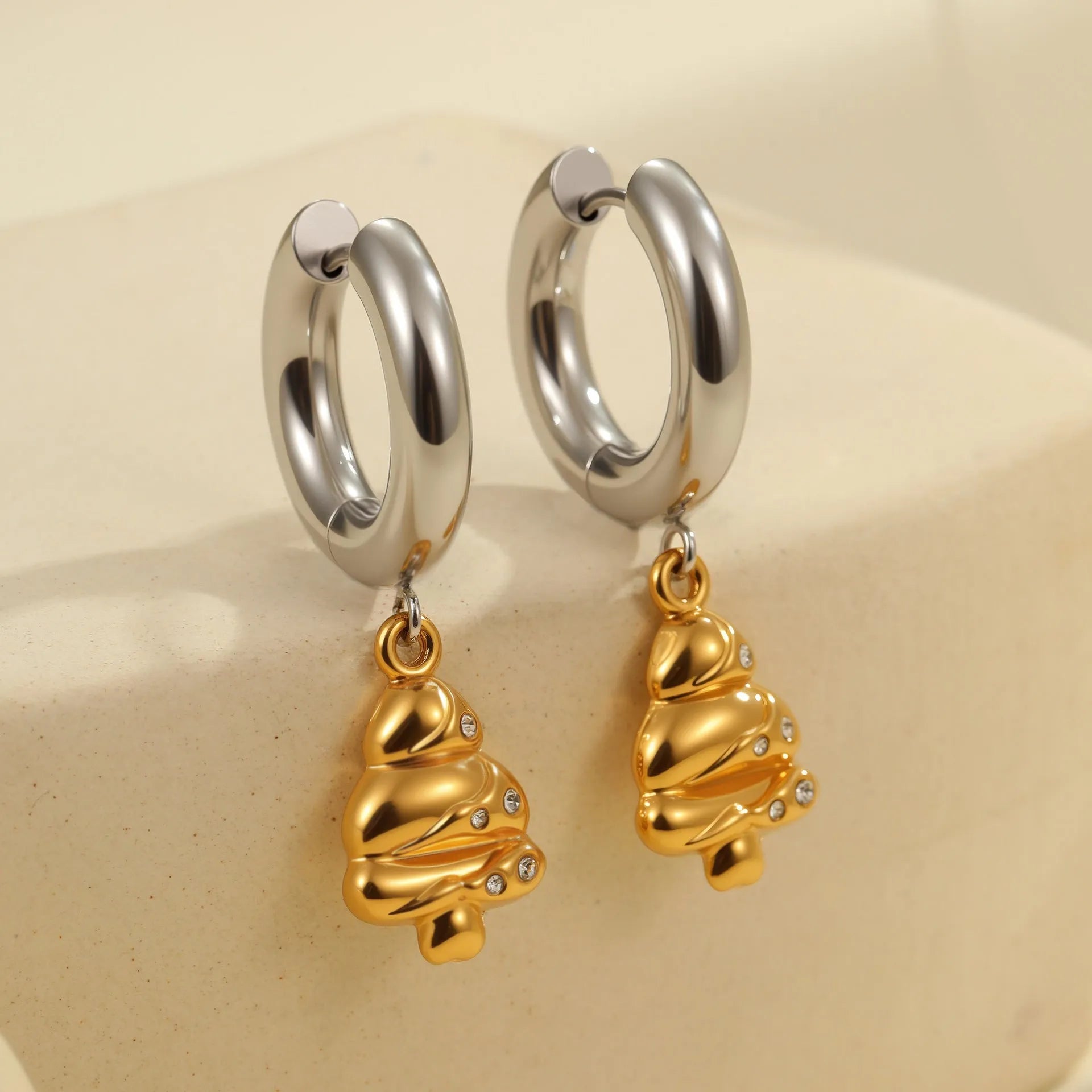 Christmas tree stainless steel earrings with 18K gold electroplating in heart, star, and geometric shapes