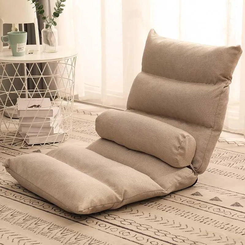 Adjustable floor lazy sofa in beige with 6-level backrest and high-elastic-sponge filling, shown in living room