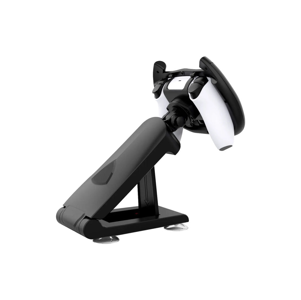 Black ABS plastic gamepad steering wheel bracket with suction cup base mounted to a table