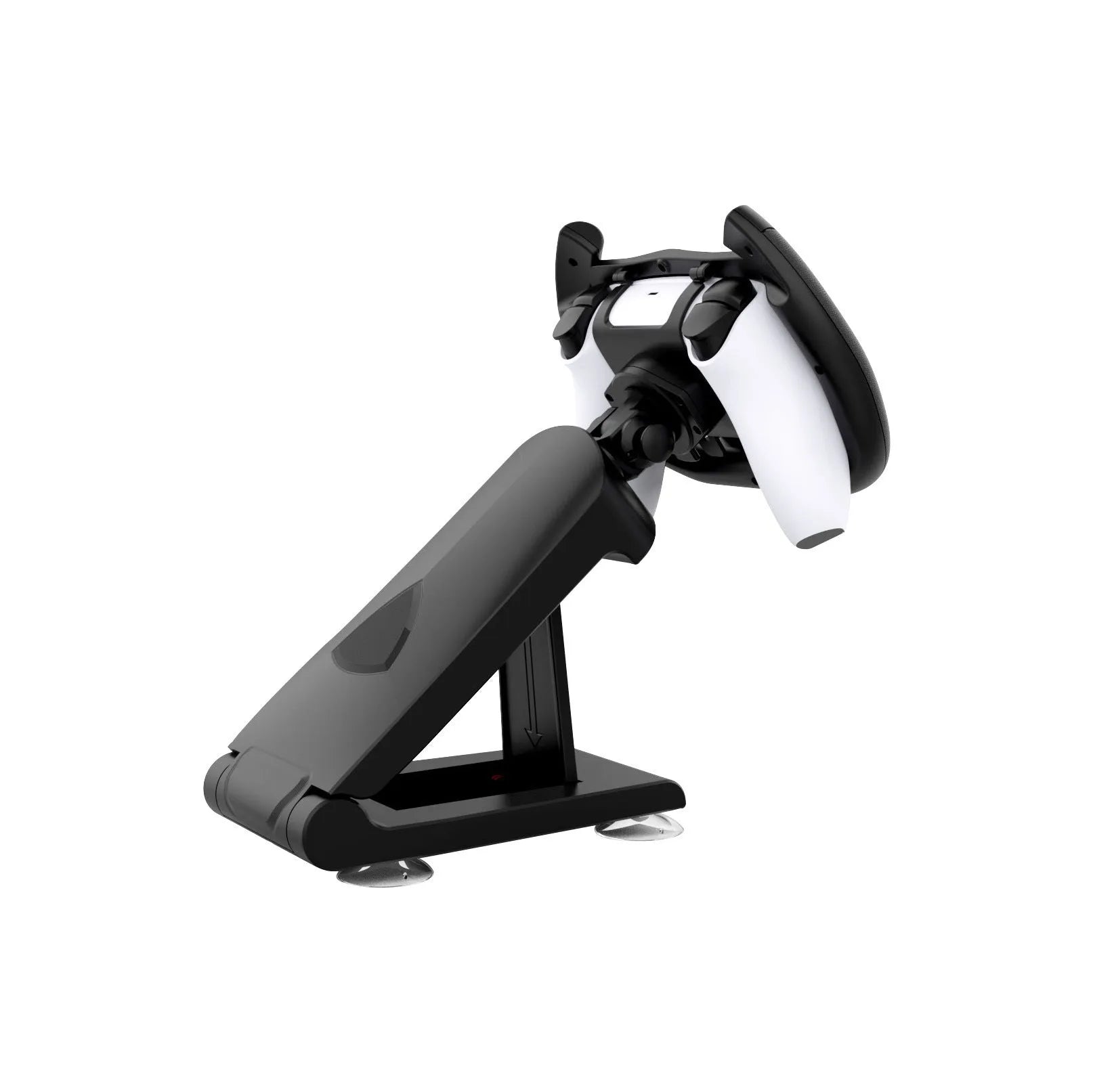 Black ABS plastic gamepad steering wheel bracket with suction cup base mounted to a table