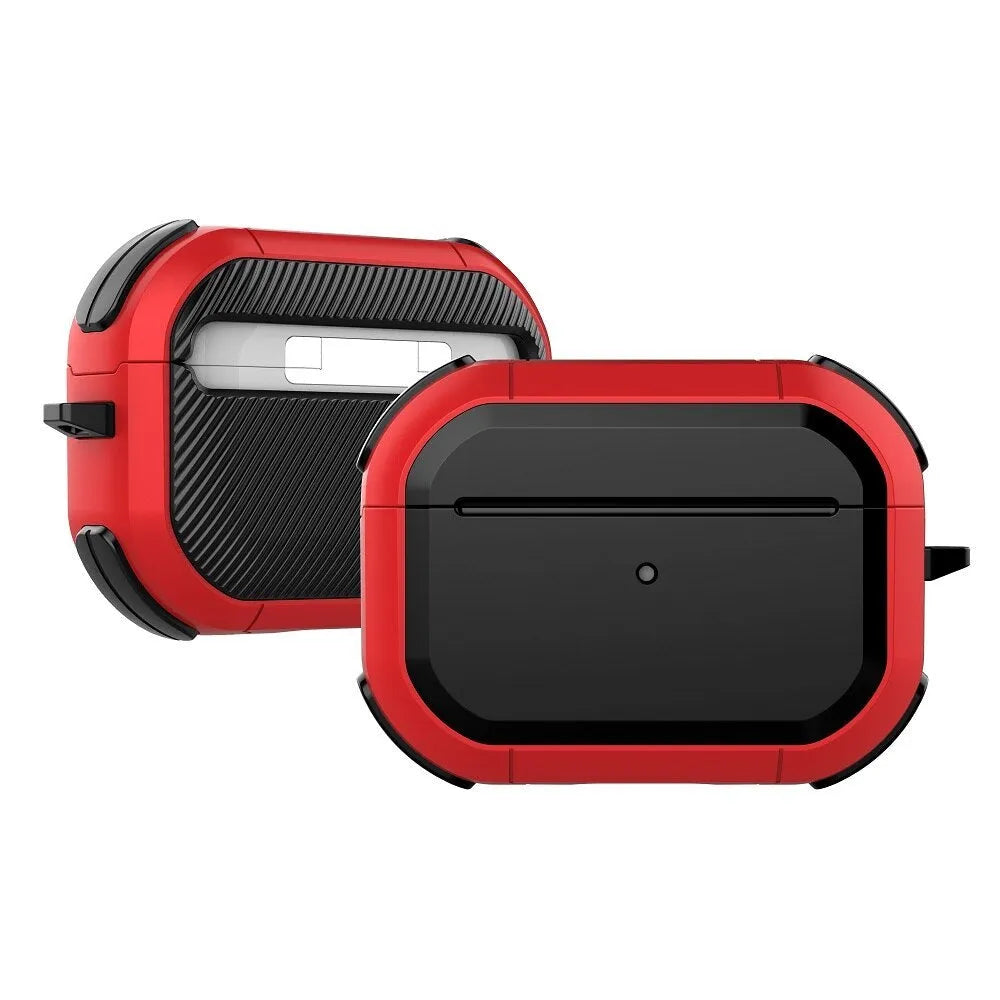 Black TPU and PC protective shell case for Apple AirPods 1, 2 and AirPods Pro charging case.
