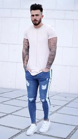 Men's light blue ripped nostalgic jeans with zipper fly, casual leisure fit, cotton-spandex denim, Asian sizing 28-38
