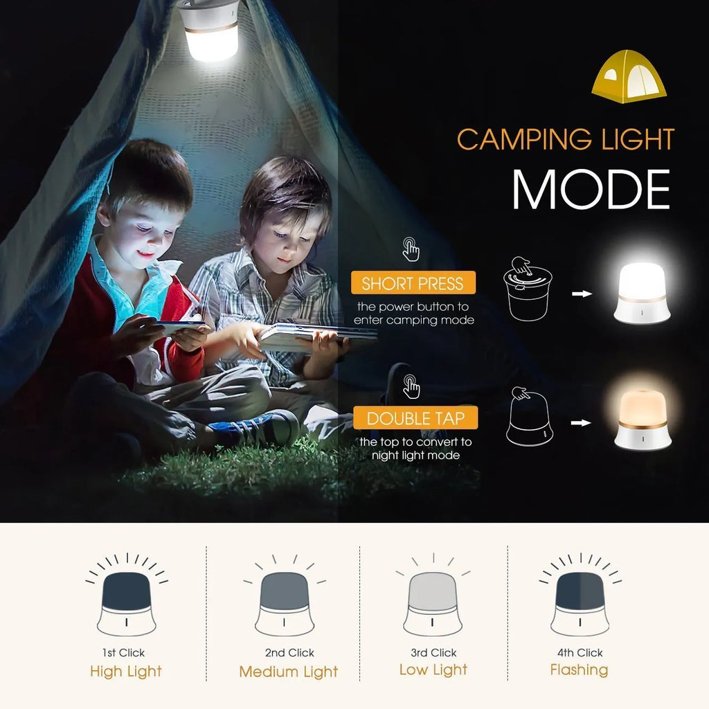 White cylindrical bedside night light with touch controls on a wooden surface.