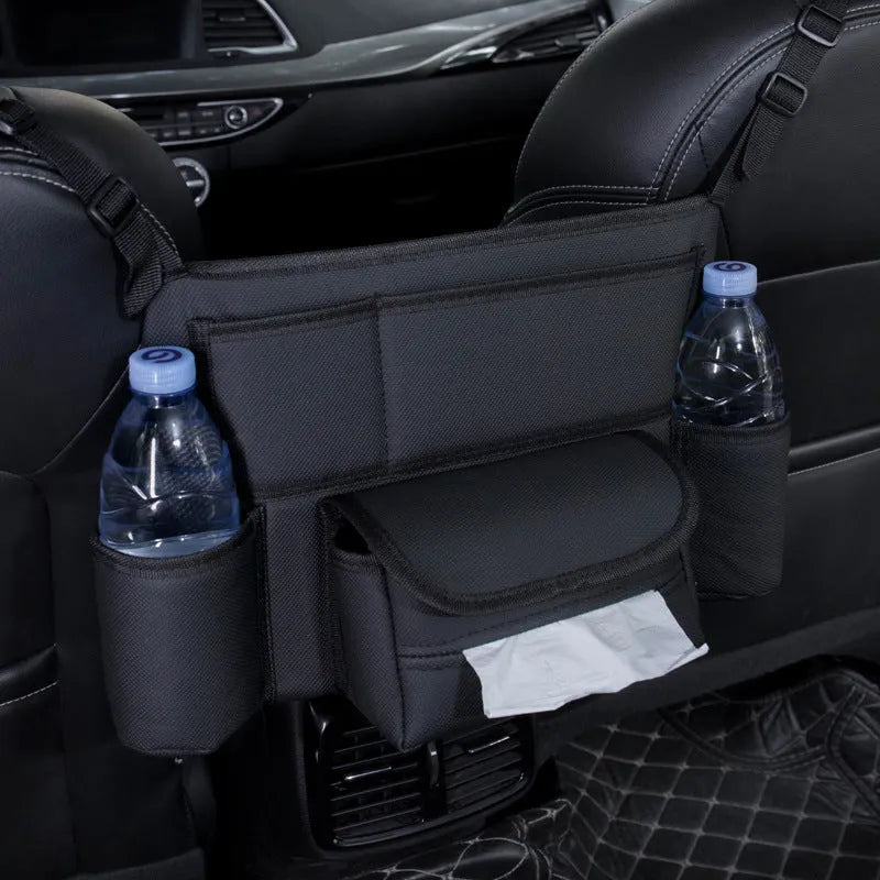 Leather car seat gap organiser with tissue box in black with Classic Lychee, Carbon Fibre, or Fashion Grain patterns