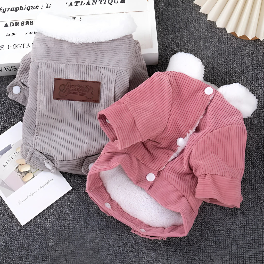 Lambswool grey dog vest with wool lining shown on pet model in size M