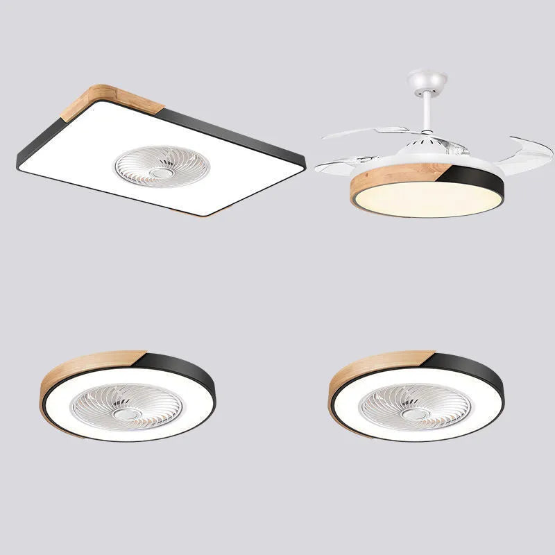 Nordic style ceiling fan with light fixture showing solid wood blades and PVC lampshade in rectangular configuration