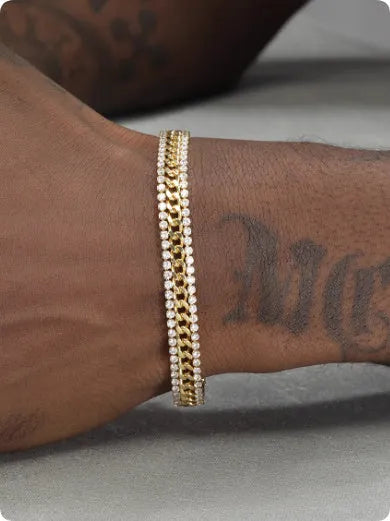 Gold colour tennis bracelet with artificial gemstone inlay on titanium steel band