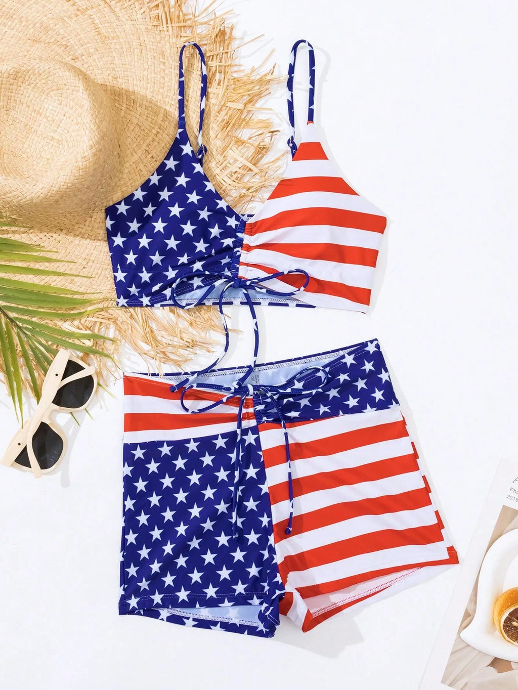 Women's high waist boxer style swimsuit with drawstring in red, white, and blue Stars and Stripes pattern.