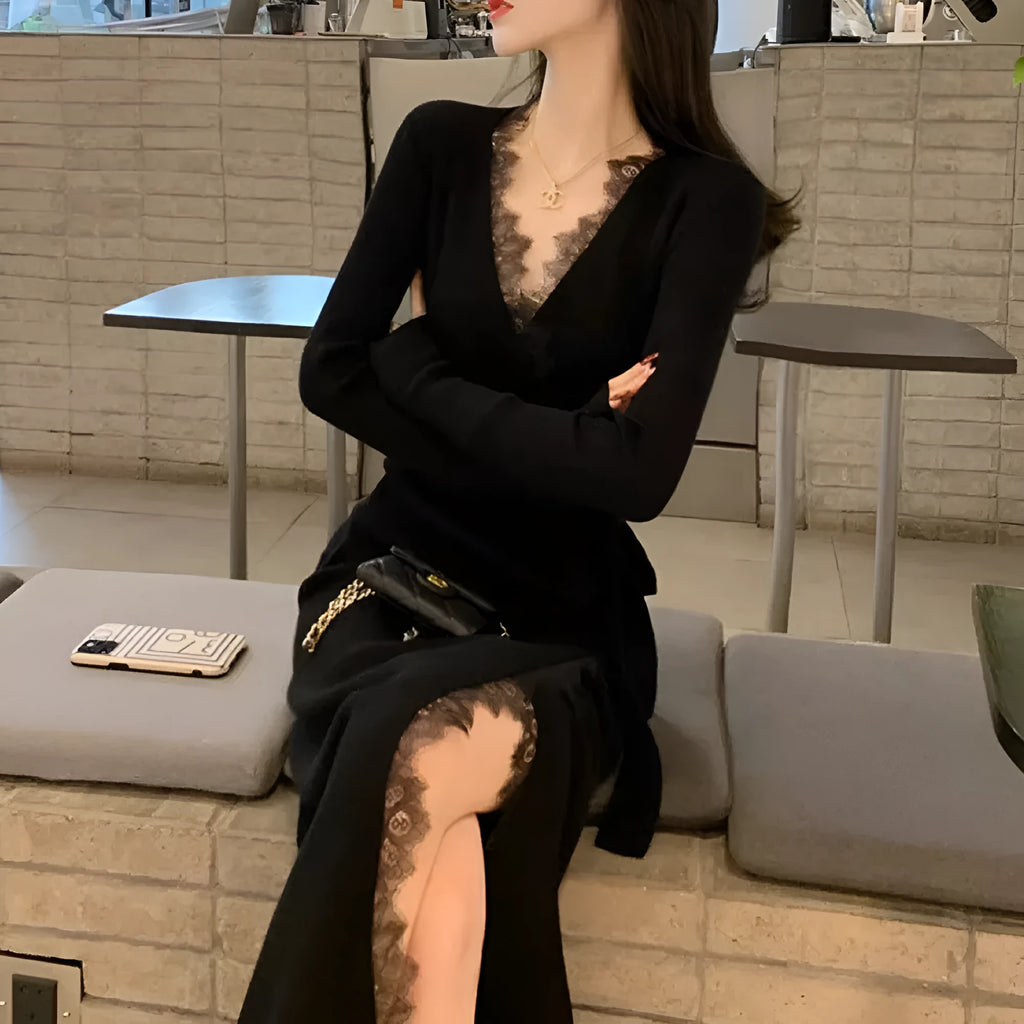 Black women's slim fit woolen skirt with princess dress styling