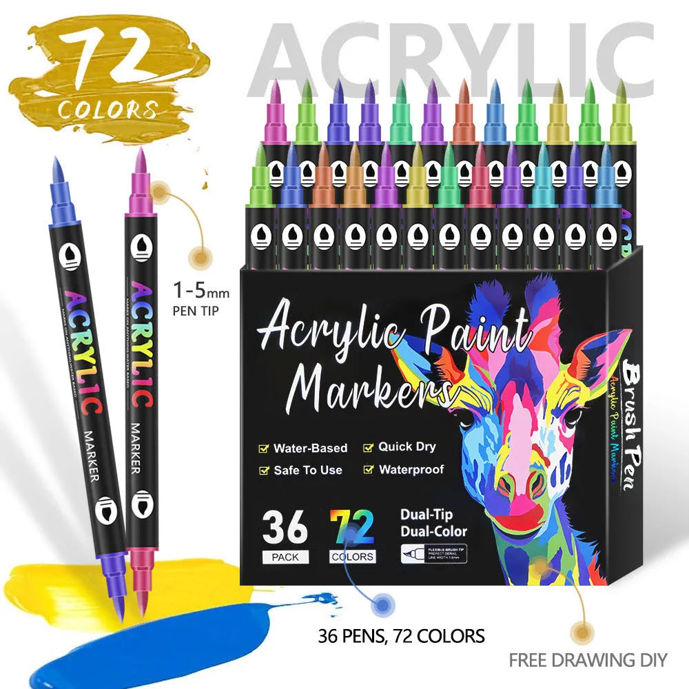 Set of double-headed washable acrylic marker pens with fine and broad tips in multiple colours