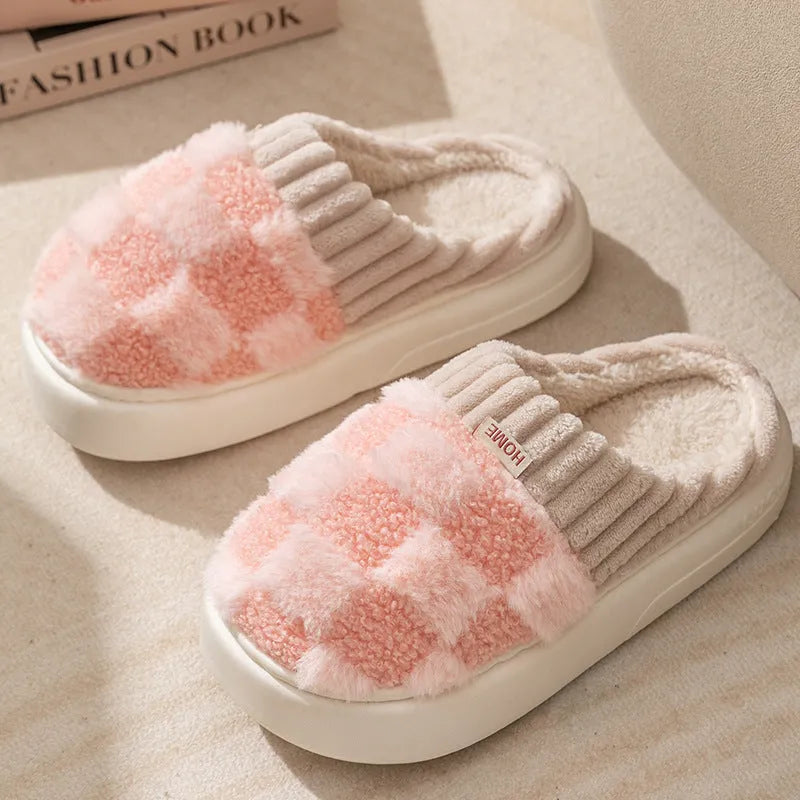 Women's plush coral velvet indoor slippers with a non-slip PVC sole, shown in various colours.