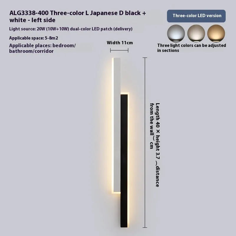 Modern simple bedside strip wall lamp with acrylic shade and three-colour LED lighting in grid-free pole design