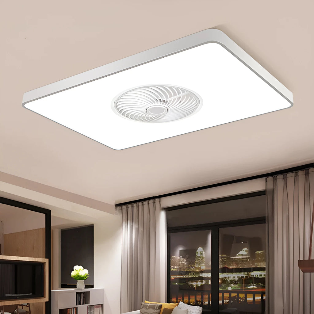 Nordic style ceiling fan with light fixture showing solid wood blades and PVC lampshade in rectangular configuration