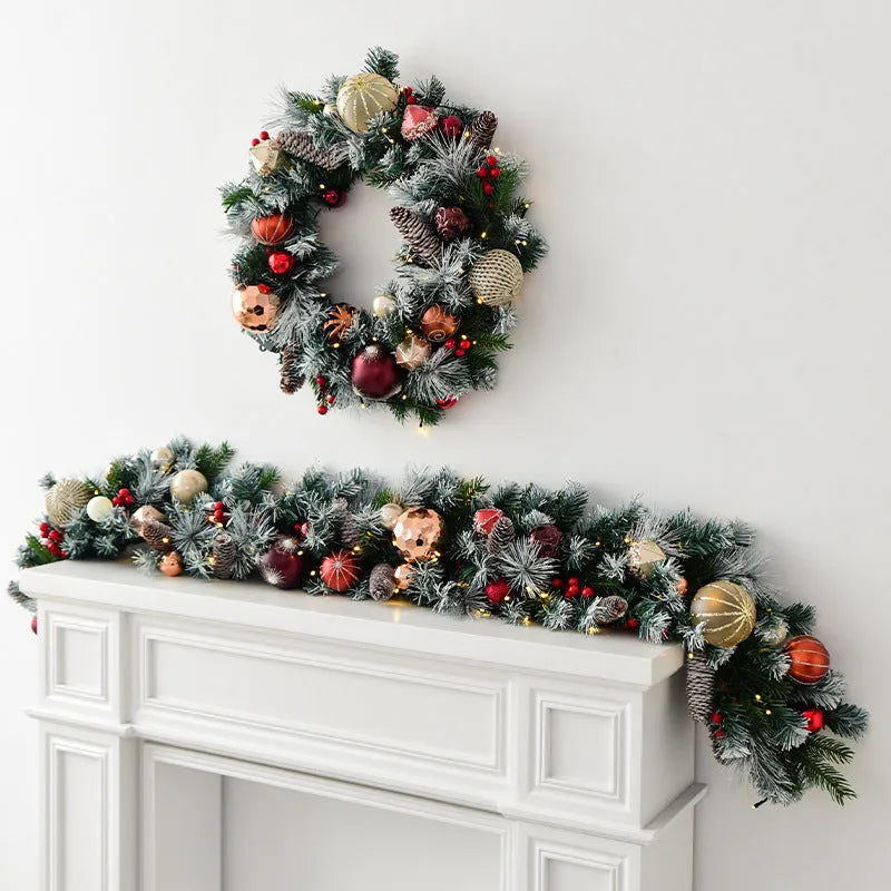 Large 135cm European style rattan leaf Christmas wall hanging decoration with gold red flowers and pine needles