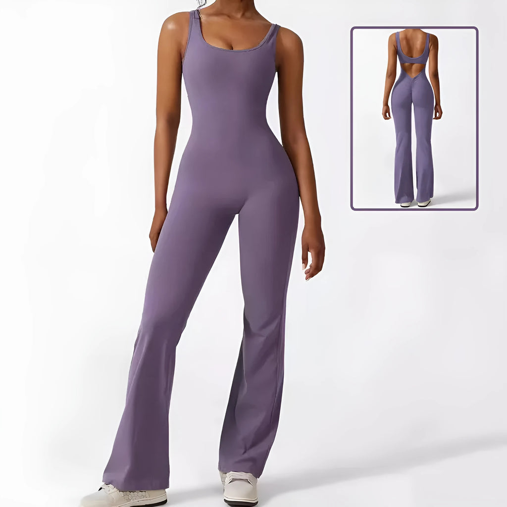 Women's sleeveless flare jumpsuit in high elasticity polyester fabric for yoga and fitness wear