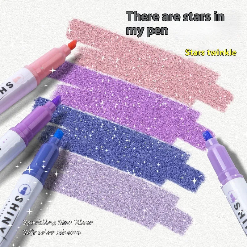 Set of four glitter highlighter pens with decorative Star River design on blue plastic shells, showing slanted tips.